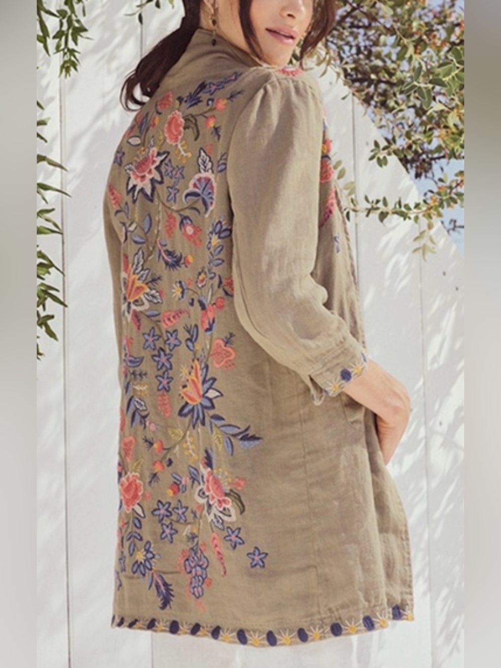 Johnny Was Tiwa olive / khaki embroidered heavy linen coat